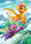  2019 blue_eyes cloud digital_media_(artwork) dragon duo eyes_closed fangs female flying friendship_is_magic hi_res male membrane_(anatomy) membranous_wings mountain my_little_pony open_mouth outside scalie sky smolder_(mlp) spike_(mlp) spread_wings tongue tongue_out water wings zazush-una 