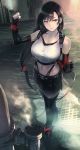  1girl arm_behind_back arm_guards arm_up bangs black_hair black_skirt breasts clenched_hand earrings elbow_gloves elbow_pads eyebrows_visible_through_hair final_fantasy final_fantasy_vii final_fantasy_vii_remake fingerless_gloves gloves jewelry large_breasts long_hair low-tied_long_hair maeshima_shigeki midriff miniskirt navel pleated_skirt shirt skirt solo standing suspender_skirt suspenders tank_top taut_clothes taut_shirt thighhighs thighs tifa_lockhart 