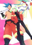  2boys belt blue_eyes blue_hair boots c_kihara chest galo_thymos gloves green_hair hand_in_pocket holding holding_weapon jacket lio_fotia male_focus matoi multiple_boys open_mouth pants polearm promare purple_eyes shirt shirtless smile spear spiked_hair weapon 