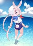  1girl ahoge akagashi_hagane animal_ear_fluff animal_ears ass barefoot bunny_ears bunny_tail cloud from_behind hair_ornament hairclip hat horizon kneepits legs long_hair looking_back low_twintails no_pants ocean one-piece_swimsuit open_mouth outdoors pink_eyes pink_hair school_swimsuit school_uniform serafuku shirt sky smile soles solo swimsuit tail toes tomari_mari tomari_mari_channel twintails virtual_youtuber wading walking water white_headwear white_shirt 