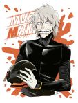  1boy artist_name boku_no_hero_academia character_name gloves headwear_removed helmet helmet_removed highres honenuki_juuzou jjsnn male_focus open_mouth solo teeth white_background white_hair 