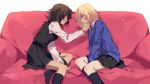  2girls amazuki_jou andou_(girls_und_panzer) bangs bc_freedom_school_uniform between_legs black_hair blonde_hair blue_eyes brown_eyes couch dark_skin girls_und_panzer hand_between_legs hand_on_another&#039;s_face heart highres long_sleeves medium_hair messy_hair multiple_girls necktie on_couch oshida_(girls_und_panzer) school_uniform sitting skirt smile socks sweater white_background yuri 