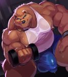  2019 5_fingers anthro balls biceps bodily_fluids bottomwear brown_fur bulge claws clothing exercise eyebrows fingers focus fur hand_on_thigh headphones hi_res male mammal matomonstera matotoma musclegut muscular muscular_male navel nipple_piercing nipples pecs penis_outline piercing pink_nipples shirt shorts sitting solo sweat tank_top thick_thighs tight_clothing topwear ursid weightlifting workout 