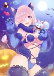  1girl animal ara_ssmjnkosam_-key2321 bat blue_gloves blue_panties breasts candy cat_girl commentary dangerous_beast elbow_gloves eyebrows_visible_through_hair fang fate/grand_order fate_(series) fingernails food fou_(fate/grand_order) fur_trim gloves hair_over_one_eye halloween_costume highres large_breasts lavender_hair looking_at_viewer mash_kyrielight moon navel open_mouth panties pink_eyes pink_hair pumpkin purple_hair sharp_fingernails short_hair smile solo underwear 