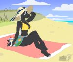  anthro badger beach beverage clothed clothing eyewear female hat headgear headwear honey_badger mammal mustelid musteline outside seaside sitting smile solo sunglasses towel vallhund 