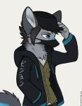  2019 5_fingers anthro aseethe blue_eyes canid canine canis clothed clothing digital_media_(artwork) fingers fur grey_fur male mammal simple_background solo standing white_background wolf 