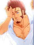  1boy :o beard blue_eyes brown_hair chest facial_hair fate/grand_order fate_(series) hand_on_own_face hickey highres long_sleeves looking_at_viewer male_focus muscle napoleon_bonaparte_(fate/grand_order) pectorals scar simple_background solo suzuki80 toned toned_male 