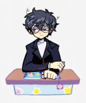  amamiya_ren atlus black_eyes black_hair clothed clothing crossover cuff_links cuffs denaseey desk eyebrows eyebrows_visible_through_hair eyelashes frizzled_hair glasses hair kirby kirby_(series) male male_focus nintendo notebook pen persona persona_5 sitting solo solo_focus suit super_smash_bros. tired undershirt unhappy 