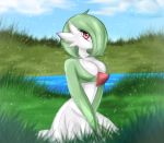  blush breasts female field gardevoir hi_res humanoid nintendo not_furry pok&eacute;mon pok&eacute;mon_(species) pond sitting solo thekirinwolf video_games 