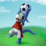  1:1 ambiguous_gender anthro ball bottomwear clothing digimon digimon_(species) hi_res shorts soccer solo sport sportswear veemon 