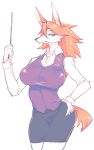  absurd_res anthro black_bottomwear black_clothing black_nose black_skirt bottomwear breasts canid canine clothing female fur hair hand_on_hip hi_res looking_at_viewer mammal orange_hair orange_tail red_eyes simple_background skirt smile solo sususuigi topwear white_background white_clothing white_fur white_topwear 