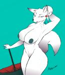  2019 absurd_res anthro big_breasts breasts canid canine female fur hair hi_res looking_at_viewer mammal manazlash nipples nude piercing simple_background solo white_fur 