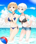  2girls absurdres aiba_yumi ara_ssmjnkosam_-key2321 ball beachball bikini black_bikini black_eyes blonde_hair blue_bikini breasts cleavage cloud commentary_request eyebrows_visible_through_hair green_eyes hair_between_eyes highres idolmaster idolmaster_cinderella_girls idolmaster_cinderella_girls_starlight_stage in_water jewelry large_breasts looking_at_viewer multiple_girls navel o-ring outdoors red_eyes shiomi_shuuko short_hair short_shorts shorts smile swimsuit white_hair 