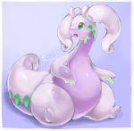  2018 2_fingers 2_toes ambiguous_gender antennae_(anatomy) belly big_belly curled_tail dragon fingers goodra green_eyes long_neck nintendo open_mouth po_chf pok&eacute;mon pok&eacute;mon_(species) sitting slime solo thick_tail thick_thighs toes tongue translucent_body video_games wide_hips 