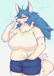  anthro bodily_fluids breasts canid canine clothed clothing female fully_clothed fur fur_tuft hi_res japanese_text mammal neck_tuft open_mouth solo sususuigi sweat text tuft 