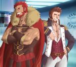  2boys abeberries armor bara beard blue_eyes blush brown_hair cape chest epaulettes facial_hair fate/grand_order fate/zero fate_(series) highres long_sleeves looking_at_viewer male_focus military military_uniform multiple_boys muscle napoleon_bonaparte_(fate/grand_order) pectorals red_eyes red_hair rider_(fate/zero) scar smile toned toned_male uniform 