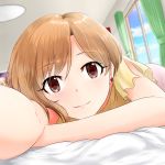  1girl aiba_yumi ara_ssmjnkosam_-key2321 bare_arms blush brown_eyes brown_hair cloud commentary_request curtains day eyebrows_visible_through_hair face highres idolmaster idolmaster_cinderella_girls idolmaster_cinderella_girls_starlight_stage indoors lamp looking_at_viewer lying on_stomach smile solo window 