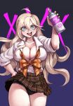  1girl ahoge artist_name black_panties blonde_hair blue_eyes breasts cleavage constricted_pupils danganronpa hair_ornament hairclip hand_on_hip huge_breasts iruma_miu junkpuyo long_hair looking_at_viewer loose_neckwear neck_ribbon new_danganronpa_v3 open_clothes open_shirt panties pantyshot pantyshot_(standing) plaid plaid_skirt pleated_skirt purple_background ribbon school_uniform skirt sleeves_rolled_up solo spray_can standing tongue tongue_out underwear 
