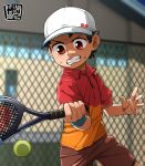  1boy ball baseball_cap brown_hair fence hat highres kaminosaki1 open_mouth original outdoors racket red_eyes shorts sportswear sweatdrop tennis tennis_ball tennis_court tennis_racket tennis_uniform 