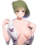  1girl alternate_hairstyle blue_eyes breasts breasts_apart commentary_request green_eyes green_hair hair_bun heterochromia highres idolmaster idolmaster_cinderella_girls japanese_clothes kimono large_breasts looking_at_viewer mole mole_under_eye no_bra off_shoulder open_clothes open_kimono print_kimono senju_(snz0) simple_background smile solo takagaki_kaede upper_body white_background 