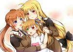  3girls blonde_hair blue_eyes blush brown_hair couple eye_contact family fate_testarossa hair_ornament hair_ribbon hand_around_neck happy heterochromia holding_hands hug long_hair looking_at_another lyrical_nanoha mahou_shoujo_lyrical_nanoha mahou_shoujo_lyrical_nanoha_strikers mahou_shoujo_lyrical_nanoha_vivid mikasa-01 military military_uniform mother_and_daughter multiple_girls neck_ribbon open_mouth red_eyes ribbon side_ponytail simple_background smile takamachi_nanoha two-tone_background uniform very_long_hair yuri 