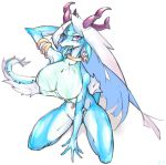  anthro big_breasts blue_body bottomless breasts clothed clothing dragon female hair hand_behind_head hi_res horn kneeling looking_at_viewer navel navel_piercing piercing simple_background solo sususuigi tongue tongue_out translucent translucent_clothing white_background white_hair wingless_dragon 
