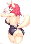  absurd_res anthro black_clothing blush breasts butt canid canine clothing female fur hair hi_res looking_back mammal nipple_outline open_mouth rear_view red_hair simple_background solo sususuigi tan_fur tongue white_background yellow_eyes 