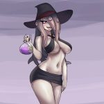  1girl arm_at_side bare_shoulders black_halter_top black_headwear black_skirt breasts breasts_apart criss-cross_halter donburikazoku evil_grin evil_smile fangs grin hair_between_breasts hair_over_one_eye halterneck hand_up hat highres holding_flask large_breasts lavender_background lavender_hair legs_together little_witch_academia long_hair looking_at_viewer navel octopus_print open_mouth pale_skin pencil_skirt potion purple_eyes purple_nails round-bottom_flask simple_background skirt smile solo standing sucy_manbavaran tentacle_hair tongue tongue_out wide_hips witch witch_hat 