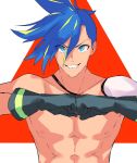  1boy abs black_gloves blue_eyes blue_hair chest fist_bump galo_thymos gloves grin highres looking_at_viewer lq_saku male_focus promare shirtless smile spiked_hair 