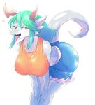  anthro blue_bottomwear blue_clothing bottomwear breasts clothing dragon female green_hair hair hi_res looking_at_viewer open_mouth open_smile orange_clothing orange_topwear pink_tongue simple_background smile solo sususuigi tongue tongue_out topwear white_background wingless_dragon 