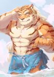  5_fingers abs anthro biceps biped blush cloud felid fingers fur green_eyes hi_res male mammal mowang_yu multicolored_fur muscular muscular_male orange_fur pang pantherine pecs sdorica_sunset sky solo striped_fur stripes tiger two_tone_fur water white_fur 