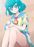  1girl blue_eyes blue_hair closed_mouth eyebrows_visible_through_hair fuwa_(precure) hagoromo_lala haruyama_kazunori jewelry legs no_panties out-of-frame_censoring pendant pointy_ears precure short_hair short_sleeves sitting skirt smile star star-shaped_pupils star_twinkle_precure symbol-shaped_pupils white_skirt 