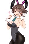  1girl absurdres animal_ears bare_shoulders black_legwear black_leotard breasts brown_hair bunny_ears bunny_girl bunny_tail bunnysuit cleavage covered_navel detached_collar fake_animal_ears flipped_hair green_neckwear hairband heart hiei_(kantai_collection) highres kantai_collection leotard looking_at_viewer maruhi_(neetkaguya1) medium_breasts necktie pantyhose purple_eyes short_hair simple_background solo standing strapless strapless_leotard tail white_background wrist_cuffs 