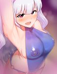  1girl armpits blush breasts hairband highres idolmaster idolmaster_(classic) kodzuka_yasushi large_breasts latex long_hair navel nipples o-ring o-ring_bottom open_mouth pink_eyes see-through shijou_takane silver_hair smile solo 