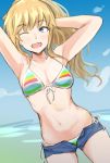  1girl armpits bangs bare_arms bikini blonde_hair blue_eyes blurry blurry_background blush breasts cloud commentary_request eyebrows_visible_through_hair idolmaster idolmaster_cinderella_girls long_hair medium_breasts navel one_eye_closed ootsuki_yui open_mouth outdoors ponytail short_shorts shorts smile solo swimsuit unu_(unucence) upper_teeth wavy_hair 