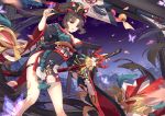  brown_hair butterfly clouds japanese_clothes kan_(rainconan) long_hair onmyouji ponytail red_eyes sky sword tagme_(character) torii weapon 