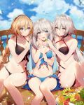  3girls :d ahoge ass bare_arms bare_legs bare_shoulders bikini black_bikini blonde_hair blue_eyes blue_sky braid breasts brown_eyes bubble cleavage closed_mouth cloud cloudy_sky collarbone commentary_request day fate/grand_order fate_(series) food front-tie_bikini front-tie_top fruit groin hair_between_eyes hairband halterneck hand_on_own_cheek hand_up holding holding_food jeanne_d&#039;arc_(alter_swimsuit_berserker) jeanne_d&#039;arc_(fate)_(all) jeanne_d&#039;arc_(swimsuit_archer) large_breasts long_hair looking_at_viewer marie_antoinette_(fate/grand_order) marie_antoinette_(swimsuit_caster)_(fate) medium_breasts multiple_girls navel necomi open_mouth parted_lips petals plate silver_hair single_braid sitting sky smile sparkle stomach swimsuit thighs twintails very_long_hair 