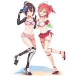  2girls ahoge beach bikini breasts brown_hair cleavage collarbone feet flower hair_ornament hairclip highres hololive multicolored_hair multiple_girls navel open_mouth pink_hair roboco-san roboco_ch. robotic_legs sakura_miko sandals satobitob side_ponytail swimsuit swimsuit_skirt thighs tied_hair toy_gun virtual_youtuber water_gun white_background yellow_eyes 