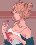  1girl blonde_hair breasts candy cleavage commentary cup elliemaplefox english_commentary food holding holding_cup holding_lollipop lips lollipop long_hair looking_at_viewer medium_breasts original parted_lips pink_lips shirt solo white_shirt 