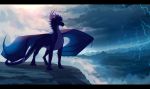  2018 black_bars blue_eyes claws day dragon feral horn lightning membrane_(anatomy) membranous_wings outside rock scalie skaydie sky smile solo spines standing western_dragon wings 