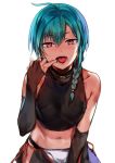  1other ahoge androgynous bare_hips bare_shoulders blush chinese_clothes finger_in_mouth green_hair highres konbu_wakame midriff navel nijisanji open_mouth purple_eyes ryuushen short_hair side_braids teeth tongue virtual_youtuber 