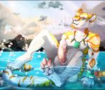  4_toes anthro day detailed_background eyes_closed felid feline male mammal outside partially_submerged sitting solo tai_lung_(artist) toes 