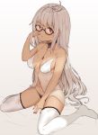  1girl absurdres black_panties breasts glasses highres long_hair medium_breasts mirei-yume navel original panties red_eyes silver_hair solo underwear very_long_hair white_legwear 