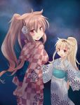  2girls alternate_costume arms_behind_back blonde_hair blush breasts checkered commentary_request eyebrows_visible_through_hair floral_print flower hair_between_eyes hair_flaps hair_flower hair_ornament hair_ribbon hairclip heterochromia highres hirune_(konekonelkk) japanese_clothes kantai_collection kimono large_breasts looking_at_viewer looking_back multiple_girls murasame_(kantai_collection) night night_sky open_mouth orange_eyes outstretched_arms ponytail red_eyes remodel_(kantai_collection) ribbon sidelocks sky yukata yuudachi_(kantai_collection) 