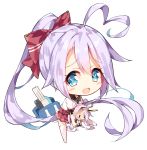  1girl :d absurdly_long_hair ahoge azur_lane bag bangs black_sailor_collar blue_eyes blush bow cannon character_doll chibi commentary_request eyebrows_visible_through_hair fang full_body hair_between_eyes hair_bow heart heart-shaped_pupils high_ponytail indianapolis_(azur_lane) long_hair looking_at_viewer no_shoes open_mouth pleated_skirt ponytail portland_(azur_lane) puffy_short_sleeves puffy_sleeves purple_hair red_bow red_skirt sailor_collar school_bag school_uniform serafuku shirt short_sleeves simple_background skirt smile solo symbol-shaped_pupils thighhighs turret unacchi_(nyusankin) very_long_hair white_background white_legwear white_shirt 