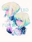  1boy black_jacket blonde_hair character_name close-up closed_mouth cravat earrings expressions face fire jacket jewelry lio_fotia male_focus profile promare purple_eyes solo souno_kazuki 