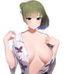  1girl alternate_hairstyle bangs blue_eyes blush breasts breasts_apart closed_mouth collarbone commentary_request eyebrows_visible_through_hair green_eyes green_hair hair_bun heterochromia highres idolmaster idolmaster_cinderella_girls japanese_clothes kimono large_breasts lips looking_at_viewer mole mole_under_eye no_bra off_shoulder open_clothes open_kimono print_kimono senju_(snz0) simple_background smile solo takagaki_kaede upper_body white_background 