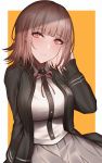  1girl :&gt; absurdres aogi_(pixiv9459043) bangs black_jacket breasts commentary_request danganronpa eyebrows_visible_through_hair flipped_hair hair_ornament hairclip highres hood hoodie jacket long_sleeves looking_at_viewer nanami_chiaki orange_background pink_eyes pink_hair pleated_skirt red_ribbon ribbon short_hair simple_background skirt smile solo super_danganronpa_2 white_background 
