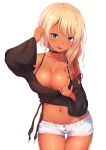  1girl bangs bikini bikini_tan black_bikini blonde_hair blue_eyes blush breasts brown_blouse choker clothes_tug cowboy_shot ear_piercing earrings gold groin gyaru highres jewelry kogal large_breasts leaning_forward licking_lips long_hair looking_at_viewer midriff momo_no_kanzume multiple_piercings navel necklace off-shoulder_blouse original piercing pink_nails short_shorts shorts sidelocks simple_background smile solo stomach swimsuit tan tanline tongue tongue_out wavy_hair white_background white_shorts wide_sleeves 