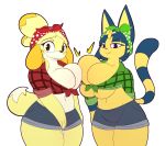  2019 animal_crossing ankha_(animal_crossing) anthro breasts canid canine canis clothed clothing domestic_dog felid feline female fur hair hi_res isabelle_(animal_crossing) lightningfire12 mammal nintendo shih_tzu simple_background toy_dog video_games yellow_fur 
